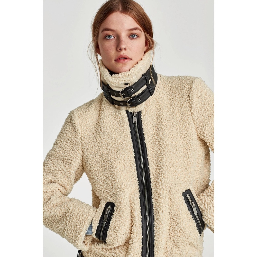 Zara Shearling Faux Fur Jacket / Coat with High Collar Y2K Dark Beige S A011431